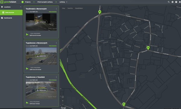 GoodVision platform showing the three monitored camera locations in Prague 18 Letňany on a district map