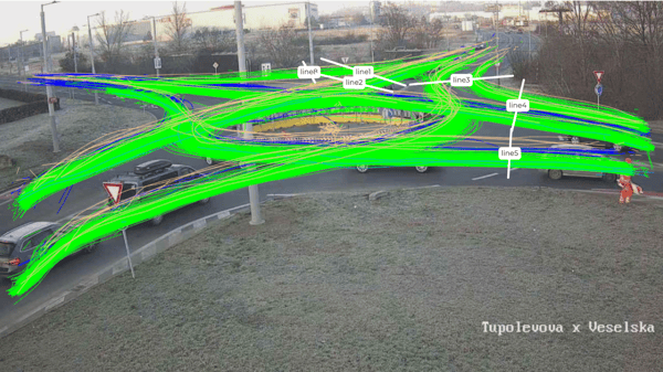 AI-detected vehicle trajectories overlaid on the camera view of the Tupolevova and Veselská roundabout